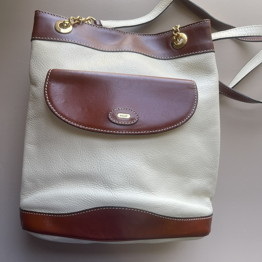 VTG BALLY Leather Bag Shoulder Cream Brown Vintage Made in Italy Leather Liner